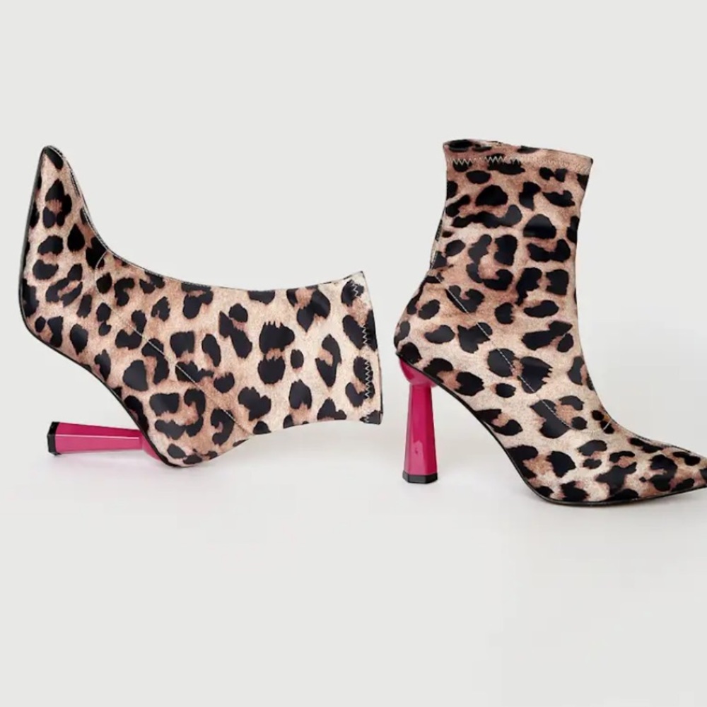 Betsey Johnson Leopard Heeled Boots with Pink Accent